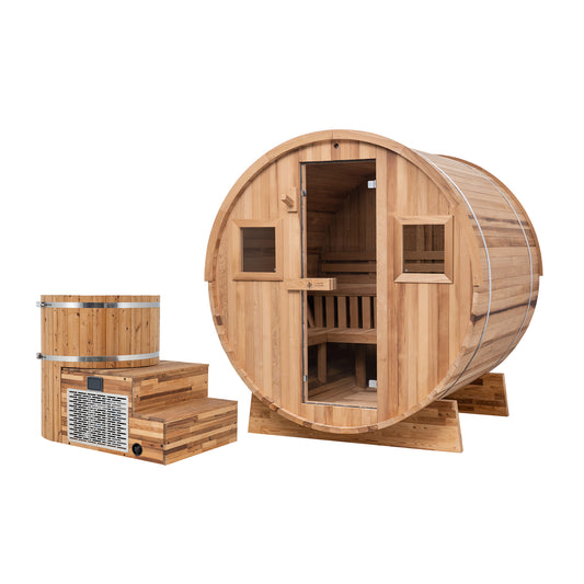 Extra-Wide Barrel Outdoor Sauna x Alaskan All-In-One Cold Plunge